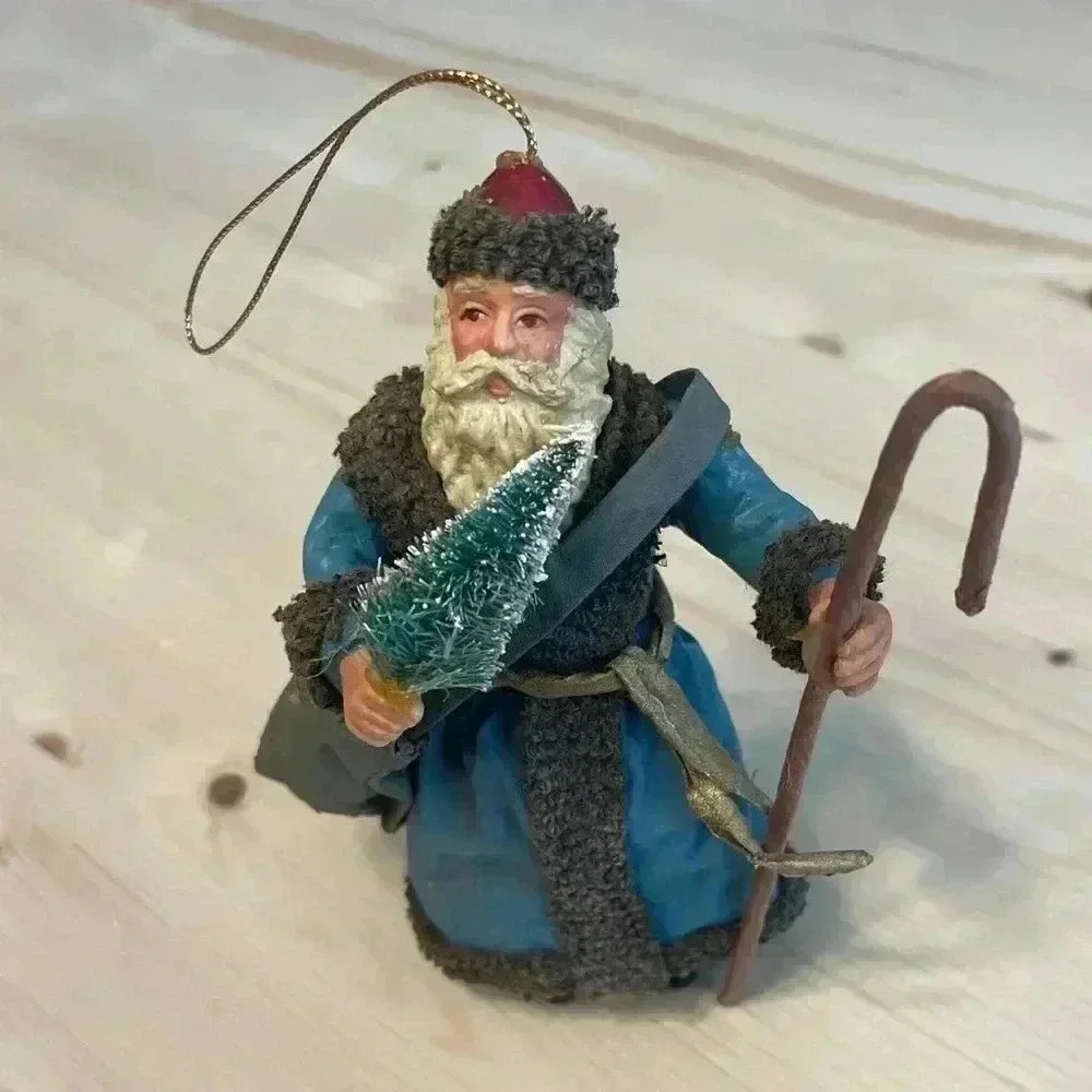 Antique Paper Mache Santa 5.5" Blue Coat Brown Trim w/ Tree & Staff in Hand